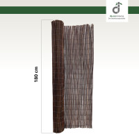 Braunes Sichtschutzmatten-Rollo aus Weidenäste/ Naturmaterial, teilweise ausgerollt, mit einer Höhe von 180 cm mit dem DE-COmmerce Logo.