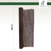 Braunes Sichtschutzmatten-Rollo aus Weidenäste/ Naturmaterial, teilweise ausgerollt, mit einer Höhe von 200 cm mit dem DE-COmmerce Logo.