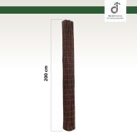 Sichtschutzmatte aus dunkler Weide, vollständig aufgerollt dargestellt, mit einer Höhe von 200 cm mit dem DE-COmmerce Logo.