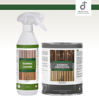 Zwei Pflegeprodukte für Bambusoberflächen stehen nebeneinander vor einem weißen Hintergrund. Links steht eine weiße Sprühflasche mit grünem Etikett und der Aufschrift „Bamboo Cleaner“, rechts daneben eine graue Blechdose mit der Aufschrift „Bamboo Protector“. Beide Etiketten zeigen Bambusstäbe im Hintergrund. Oben rechts ist das DE-COmmerce Logo.