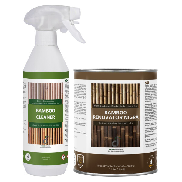 Zwei Pflegeprodukte für Bambusoberflächen stehen nebeneinander vor einem weißen Hintergrund. Links steht eine weiße Sprühflasche mit grünem Etikett und der Aufschrift „Bamboo Cleaner“, rechts daneben eine braune Blechdose mit der Aufschrift „Bamboo Renovator Nigra“. Beide Etiketten zeigen Bambusstäbe im Hintergrund.