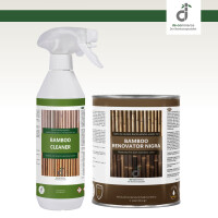 Zwei Pflegeprodukte für Bambusoberflächen stehen nebeneinander vor einem weißen Hintergrund. Links steht eine weiße Sprühflasche mit grünem Etikett und der Aufschrift „Bamboo Cleaner“, rechts daneben eine braune Blechdose mit der Aufschrift „Bamboo Renovator Nature“. Beide Etiketten zeigen Bambusstäbe im Hintergrund. Oben rechts ist das DE-COmmerce Logo.