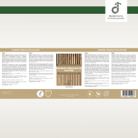 Braun-weißes Etikett mit der Aufschrift ‚Bamboo Renovator Nature‘, Bild zweier Bambuszäune sowie Warn- und Anwendungshinweisen in Deutsch, Englisch, Niederländisch und Französisch, DE-COmmere.