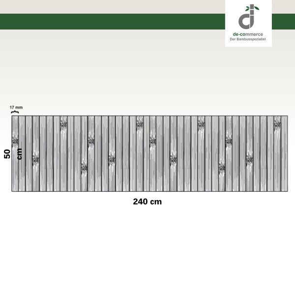 Moderne Küchenansicht von oben mit dunkler Arbeitsplatte, eingebautem schwarzen Spülbecken und Herd; auf dem hellen Boden liegt ein langer, rechteckiger, hellgrau-brauner Bambus-Küchenläufer.