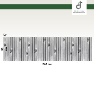 Moderne Küchenansicht von oben mit dunkler Arbeitsplatte, eingebautem schwarzen Spülbecken und Herd; auf dem hellen Boden liegt ein langer, rechteckiger, hellgrau-brauner Bambus-Küchenläufer.
