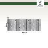 Grafische Darstellung eines 60 × 200 cm großen Küchenläufers aus vertikal angeordneten, grauen Bambusstäben mit sichtbaren Bambusknoten. Die Stegbreite der einzelnen Stäbe beträgt 17 mm. Oben rechts ist das DE-COmmerce-Logo zu sehen.