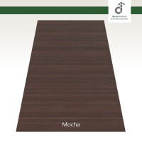 Abbildung eines mittelbraunen Bambusteppichs mit der Bezeichnung „Mocha“. Der Teppich besteht aus schmalen, längs angeordneten Bambusleisten. Oben rechts befindet sich das Logo von DE-Commerce.