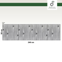 Grafische Darstellung eines 50 × 240 cm großen Küchenläufers aus vertikal angeordneten, grauen Bambusstäben mit sichtbaren Bambusknoten. Die Stegbreite der einzelnen Stäbe beträgt 17 mm. Oben rechts ist das DE-COmmerce-Logo zu sehen.