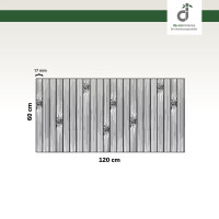 Grafische Darstellung eines 60 × 120 cm großen Küchenläufers aus vertikal angeordneten, grauen Bambusstäben mit sichtbaren Bambusknoten. Die Stegbreite der einzelnen Stäbe beträgt 17 mm. Oben rechts ist das DE-COmmerce-Logo zu sehen.