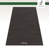 Abbildung eines schwarzbraunen Bambusteppichs mit der Bezeichnung „Ebony“. Der Teppich besteht aus schmalen, längs angeordneten Bambusleisten. Oben rechts befindet sich das Logo von DE-Commerce.