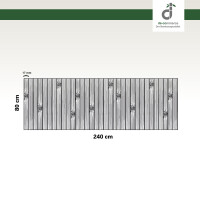 Grafische Darstellung eines 80 × 240 cm großen Küchenläufers aus vertikal angeordneten, grauen Bambusstäben mit sichtbaren Bambusknoten. Die Stegbreite der einzelnen Stäbe beträgt 17 mm. Oben rechts ist das DE-COmmerce-Logo zu sehen.