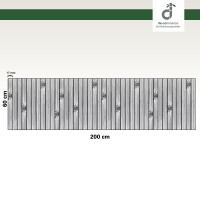 Grafische Darstellung eines 60 × 200 cm großen Küchenläufers aus vertikal angeordneten, grauen Bambusstäben mit sichtbaren Bambusknoten. Die Stegbreite der einzelnen Stäbe beträgt 17 mm. Oben rechts ist das DE-COmmerce-Logo zu sehen.