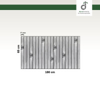 Grafische Darstellung eines 65 × 180 cm großen Küchenläufers aus vertikal angeordneten, grauen Bambusstäben mit sichtbaren Bambusknoten. Die Stegbreite der einzelnen Stäbe beträgt 17 mm. Oben rechts ist das DE-COmmerce-Logo zu sehen.