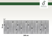 Grafische Darstellung eines 70 × 240 cm großen Küchenläufers aus vertikal angeordneten, grauen Bambusstäben mit sichtbaren Bambusknoten. Die Stegbreite der einzelnen Stäbe beträgt 17 mm. Oben rechts ist das DE-COmmerce-Logo zu sehen.