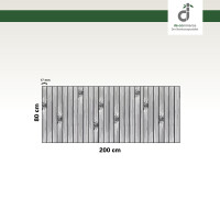 Grafische Darstellung eines 80 × 200 cm großen Küchenläufers aus vertikal angeordneten, grauen Bambusstäben mit sichtbaren Bambusknoten. Die Stegbreite der einzelnen Stäbe beträgt 17 mm. Oben rechts ist das DE-COmmerce-Logo zu sehen.