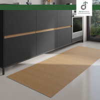 Grafische Darstellung eines 80 × 240 cm großen Küchenläufers aus vertikal angeordneten, grauen Bambusstäben mit sichtbaren Bambusknoten. Die Stegbreite der einzelnen Stäbe beträgt 17 mm. Oben rechts ist das DE-COmmerce-Logo zu sehen.