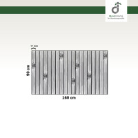 Grafische Darstellung eines 80 × 300 cm großen Küchenläufers aus vertikal angeordneten, grauen Bambusstäben mit sichtbaren Bambusknoten. Die Stegbreite der einzelnen Stäbe beträgt 17 mm. Oben rechts ist das DE-COmmerce-Logo zu sehen.