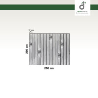 Grafische Darstellung eines 200 × 200 cm großen Küchenläufers aus vertikal angeordneten, grauen Bambusstäben mit sichtbaren Bambusknoten. Die Stegbreite der einzelnen Stäbe beträgt 17 mm. Oben rechts ist das DE-COmmerce-Logo zu sehen.