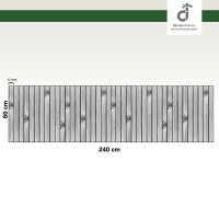 Grafische Darstellung eines 60 × 240 cm großen Küchenläufers aus vertikal angeordneten, grauen Bambusstäben mit sichtbaren Bambusknoten. Die Stegbreite der einzelnen Stäbe beträgt 17 mm. Oben rechts ist das DE-COmmerce-Logo zu sehen.