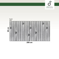 Grafische Darstellung eines 65 × 200 cm großen Küchenläufers aus vertikal angeordneten, grauen Bambusstäben mit sichtbaren Bambusknoten. Die Stegbreite der einzelnen Stäbe beträgt 17 mm. Oben rechts ist das DE-COmmerce-Logo zu sehen.