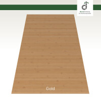 Abbildung eines gelben Bambusteppichs mit Braunanteil mit der Bezeichnung „Gold“. Der Teppich besteht aus schmalen, längs angeordneten Bambusleisten. Oben rechts befindet sich das Logo von DE-Commerce.