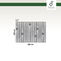 Grafische Darstellung eines 120 × 180 cm großen Küchenläufers aus vertikal angeordneten, grauen Bambusstäben mit sichtbaren Bambusknoten. Die Stegbreite der einzelnen Stäbe beträgt 17 mm. Oben rechts ist das DE-COmmerce-Logo zu sehen.
