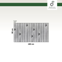 Grafische Darstellung eines 80 × 180 cm großen Küchenläufers aus vertikal angeordneten, grauen Bambusstäben mit sichtbaren Bambusknoten. Die Stegbreite der einzelnen Stäbe beträgt 17 mm. Oben rechts ist das DE-COmmerce-Logo zu sehen.
