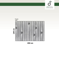 Grafische Darstellung eines 140 × 200 cm großen Küchenläufers aus vertikal angeordneten, grauen Bambusstäben mit sichtbaren Bambusknoten. Die Stegbreite der einzelnen Stäbe beträgt 17 mm. Oben rechts ist das DE-COmmerce-Logo zu sehen.