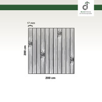 Grafische Darstellung eines 200 × 200 cm großen Küchenläufers aus vertikal angeordneten, grauen Bambusstäben mit sichtbaren Bambusknoten. Die Stegbreite der einzelnen Stäbe beträgt 17 mm. Oben rechts ist das DE-COmmerce-Logo zu sehen.