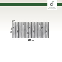 Grafische Darstellung eines 2 0 × 250 cm großen Küchenläufers aus vertikal angeordneten, grauen Bambusstäben mit sichtbaren Bambusknoten. Die Stegbreite der einzelnen Stäbe beträgt 17 mm. Oben rechts ist das DE-COmmerce-Logo zu sehen.