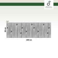 Grafische Darstellung eines 50 × 120 cm großen Küchenläufers aus vertikal angeordneten, grauen Bambusstäben mit sichtbaren Bambusknoten. Die Stegbreite der einzelnen Stäbe beträgt 17 mm. Oben rechts ist das DE-COmmerce-Logo zu sehen.