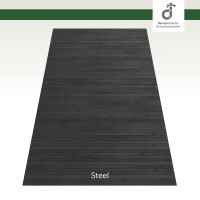 Abbildung eines stahlgrauen Bambusteppichs mit der Bezeichnung „Steel“. Der Teppich besteht aus schmalen, längs angeordneten Bambusleisten. Oben rechts befindet sich das Logo von DE-Commerce.