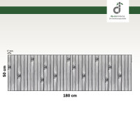 Grafische Darstellung eines 50 × 180 cm großen Küchenläufers aus vertikal angeordneten, grauen Bambusstäben mit sichtbaren Bambusknoten. Die Stegbreite der einzelnen Stäbe beträgt 17 mm. Oben rechts ist das DE-COmmerce-Logo zu sehen.