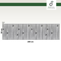 Grafische Darstellung eines 50 × 200 cm großen Küchenläufers aus vertikal angeordneten, grauen Bambusstäben mit sichtbaren Bambusknoten. Die Stegbreite der einzelnen Stäbe beträgt 17 mm. Oben rechts ist das DE-COmmerce-Logo zu sehen.