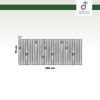 Grafische Darstellung eines 70 × 180 cm großen Küchenläufers aus vertikal angeordneten, grauen Bambusstäben mit sichtbaren Bambusknoten. Die Stegbreite der einzelnen Stäbe beträgt 17 mm. Oben rechts ist das DE-COmmerce-Logo zu sehen.