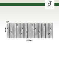 Grafische Darstellung eines 70 × 200 cm großen Küchenläufers aus vertikal angeordneten, grauen Bambusstäben mit sichtbaren Bambusknoten. Die Stegbreite der einzelnen Stäbe beträgt 17 mm. Oben rechts ist das DE-COmmerce-Logo zu sehen.