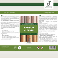 Grünes Etikett mit der Aufschrift ‚Bamboo Cleaner‘ sowie Warn- und Anwendungshinweisen auf Deutsch und Englisch, DE-Commerce.