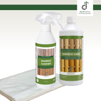 Weiß-grünes Etikett mit der Aufschrift „Bamboo Care“ und einem zentralen Bild von Bambusrohren. Enthält Produktbeschreibung, Anwendungs- und Sicherheitshinweise sowie Umweltzeichen in Deutsch und Englisch.