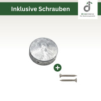 Verzinkte Stahl-Pfostenkappen für Pfosten in verschiedenen Größen inklusive zwei passender Befestigungsschrauben. Oben rechts befindet sich das DE-COmmerce Logo.
