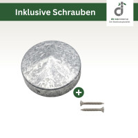 Verzinkte Stahl-Pfostenkappen für Pfosten in verschiedenen Größen inklusive zwei passender Befestigungsschrauben. Oben rechts befindet sich das DE-COmmerce Logo.