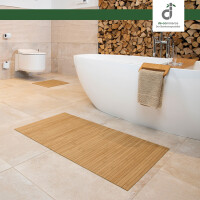 Drei rechteckige Badezimmerteppiche in verschiedenen Größen, jeweils mit vertikalen Linienmuster und einem dekorativen Element, das an eine Blume erinnert. Die Teppiche haben eine Breite von 17 mm und Längen von 40 cm, 50 cm und 60 cm sowie 50 cm, 80 cm und 100 cm. Ideal für die Verwendung im Badezimmer.