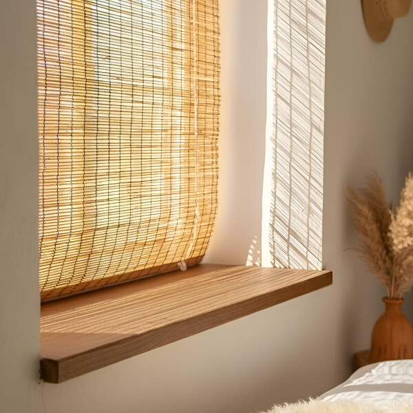 Sonnendurchflutetes Fenster mit heller, heruntergelassener Schilfjalousie. Auf der hölzernen Fensterbank fällt warmes, gefiltertes Licht ein, daneben steht eine Vase mit getrocknetem Pampasgras in einem gemütlichen Raum.