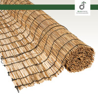 Aufgerollte natürliche Schilfjalousie mit schwarzen Bindfäden, präsentiert auf weißem Hintergrund; oben rechts befindet sich das DE-COmmerce Logo.