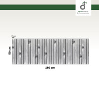 Grafische Darstellung eines 50 × 160 cm großen Küchenläufers aus vertikal angeordneten, grauen Bambusstäben mit sichtbaren Bambusknoten. Die Stegbreite der einzelnen Stäbe beträgt 17 mm. Oben rechts ist das DE-COmmerce-Logo zu sehen.