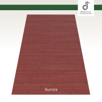 Abbildung eines roten Bambusteppichs mit der Bezeichnung „Aurora“. Der Teppich besteht aus schmalen, längs angeordneten Bambusleisten. Oben rechts befindet sich das Logo von DE-Commerce.