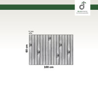 Grafische Darstellung eines 50 × 100 cm großen Küchenläufers aus vertikal angeordneten, grauen Bambusstäben mit sichtbaren Bambusknoten. Die Stegbreite der einzelnen Stäbe beträgt 17 mm. Oben rechts ist das DE-COmmerce-Logo zu sehen.