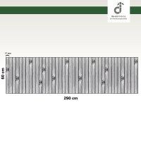Grafische Darstellung eines 60 × 290 cm großen Küchenläufers aus vertikal angeordneten, grauen Bambusstäben mit sichtbaren Bambusknoten. Die Stegbreite der einzelnen Stäbe beträgt 17 mm. Oben rechts ist das DE-COmmerce-Logo zu sehen.