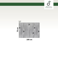 Grafische Darstellung eines 75 × 100 cm großen Küchenläufers aus vertikal angeordneten, grauen Bambusstäben mit sichtbaren Bambusknoten. Die Stegbreite der einzelnen Stäbe beträgt 17 mm. Oben rechts ist das DE-COmmerce-Logo zu sehen.
