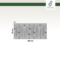 Grafische Darstellung eines 75 × 160 cm großen Küchenläufers aus vertikal angeordneten, grauen Bambusstäben mit sichtbaren Bambusknoten. Die Stegbreite der einzelnen Stäbe beträgt 17 mm. Oben rechts ist das DE-COmmerce-Logo zu sehen.