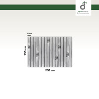 Grafische Darstellung eines 155 × 230 cm großen Küchenläufers aus vertikal angeordneten, grauen Bambusstäben mit sichtbaren Bambusknoten. Die Stegbreite der einzelnen Stäbe beträgt 17 mm. Oben rechts ist das DE-COmmerce-Logo zu sehen.